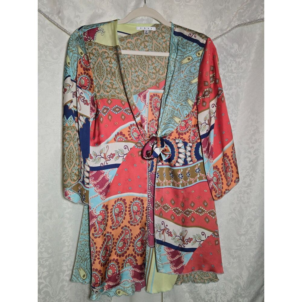 CAbi #914 Patchwork Paisley Boho Festival Tie Front Kimono | M
